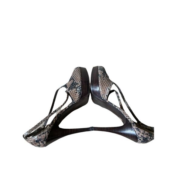 Stuart Weitzman Women Stewpot Platform Heels Tan Black Snakeskin Peeptoes 8.5h - Picture 8 of 10